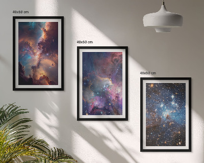 Conjunto de 3 quadros com moldura Paisagens estelares cósmicas