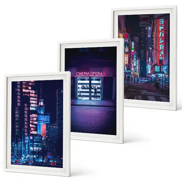 Conjunto de quadros para sala de estar estampa de entrada de néon da cidade noturna