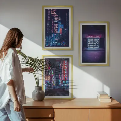 Conjunto de quadros para sala de estar estampa de entrada de néon da cidade noturna