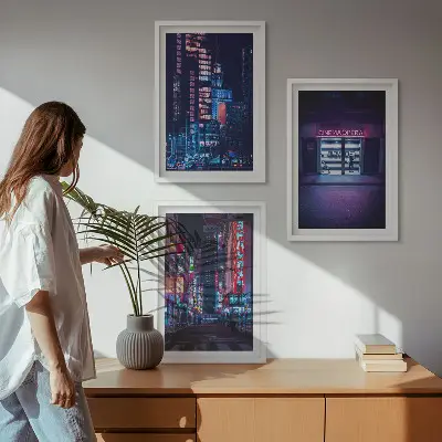 Conjunto de quadros para sala de estar estampa de entrada de néon da cidade noturna