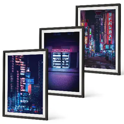 Conjunto de quadros para sala de estar estampa de entrada de néon da cidade noturna