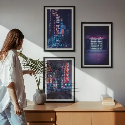 Conjunto de quadros para sala de estar estampa de entrada de néon da cidade noturna