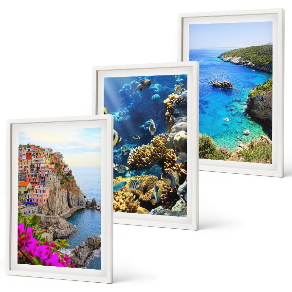 Conjunto de 3 quadros com moldura Vistas para o mar, casas coloridas