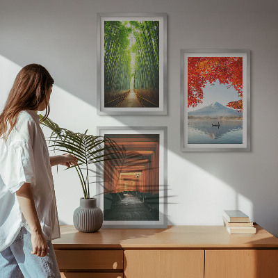 Conjunto de quadros para sala de estar Paisagem da Floresta de Bambu Fuji