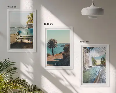 Composição de quadros moderna com estética de cachoeira e palmeiras em férias