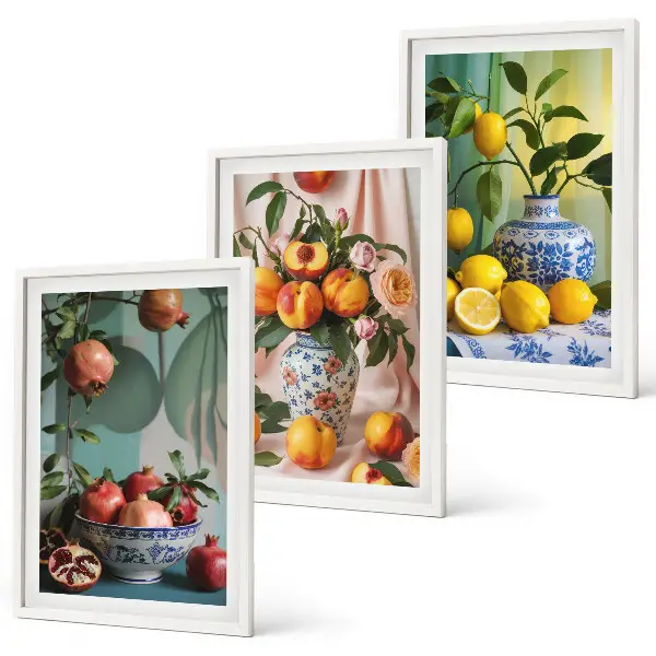Conjunto de quadros para sala de estar com estampa de romãs pêssegos e limões