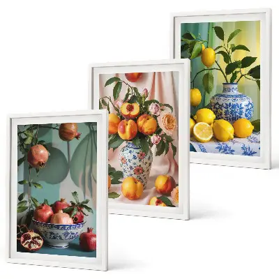 Conjunto de quadros para sala de estar com estampa de romãs pêssegos e limões