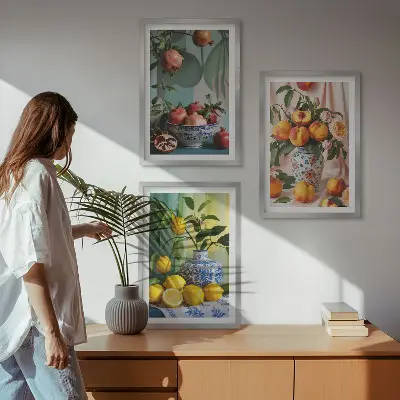 Conjunto de quadros para sala de estar com estampa de romãs pêssegos e limões