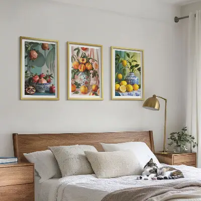 Conjunto de quadros para sala de estar com estampa de romãs pêssegos e limões
