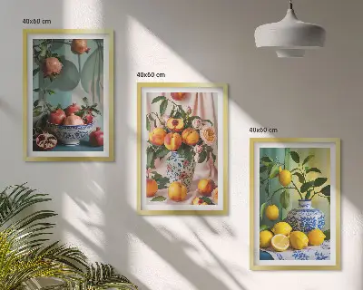 Conjunto de quadros para sala de estar com estampa de romãs pêssegos e limões