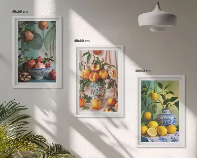 Conjunto de quadros para sala de estar com estampa de romãs pêssegos e limões