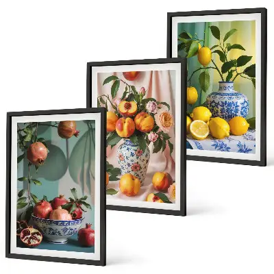 Conjunto de quadros para sala de estar com estampa de romãs pêssegos e limões