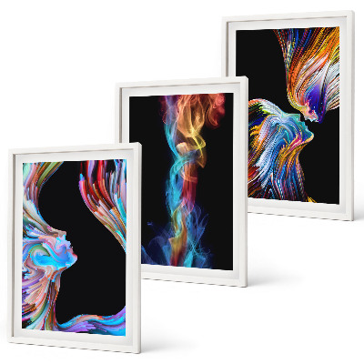 Conjunto de 3 quadros com moldura rostos abstratos coloridos