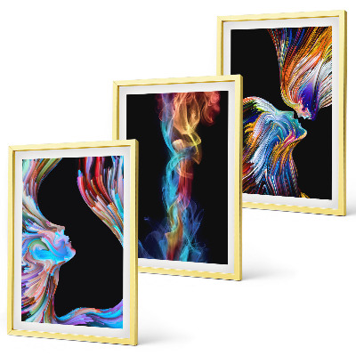 Conjunto de 3 quadros com moldura rostos abstratos coloridos