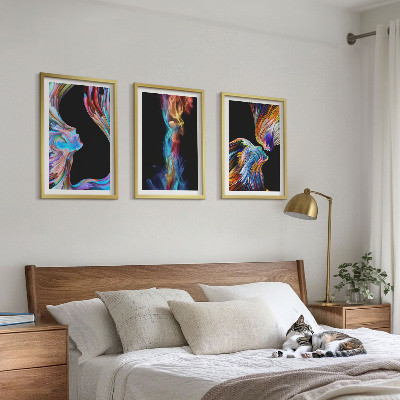 Conjunto de 3 quadros com moldura rostos abstratos coloridos