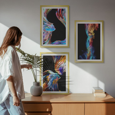 Conjunto de 3 quadros com moldura rostos abstratos coloridos