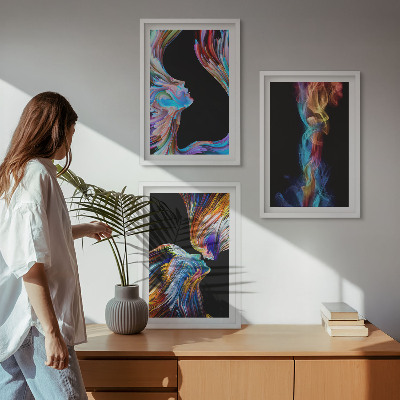 Conjunto de 3 quadros com moldura rostos abstratos coloridos