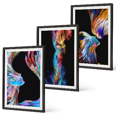 Conjunto de 3 quadros com moldura rostos abstratos coloridos