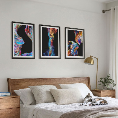 Conjunto de 3 quadros com moldura rostos abstratos coloridos
