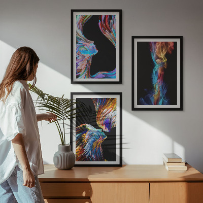 Conjunto de 3 quadros com moldura rostos abstratos coloridos