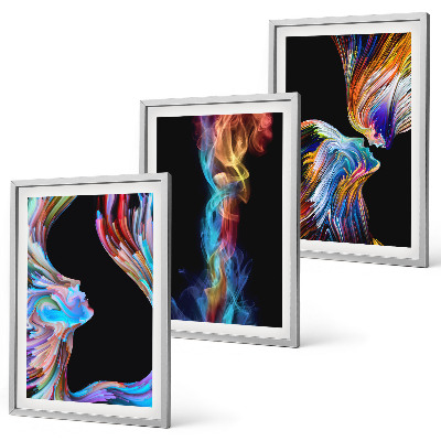 Conjunto de 3 quadros com moldura rostos abstratos coloridos