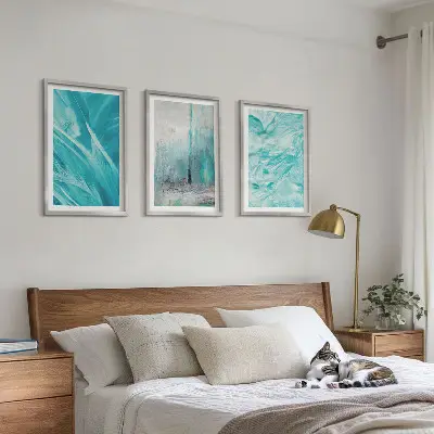 Conjunto de quadros para sala de estar com padrões abstratos em tons de azul