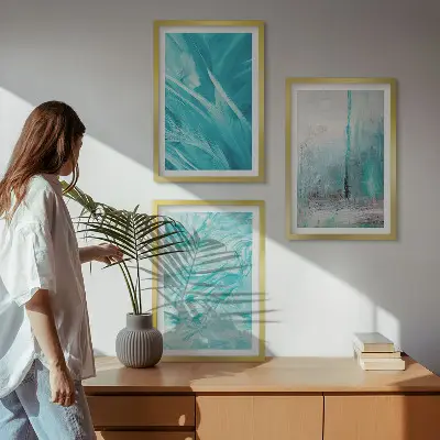 Conjunto de quadros para sala de estar com padrões abstratos em tons de azul