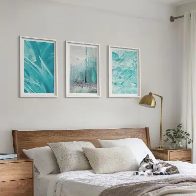 Conjunto de quadros para sala de estar com padrões abstratos em tons de azul