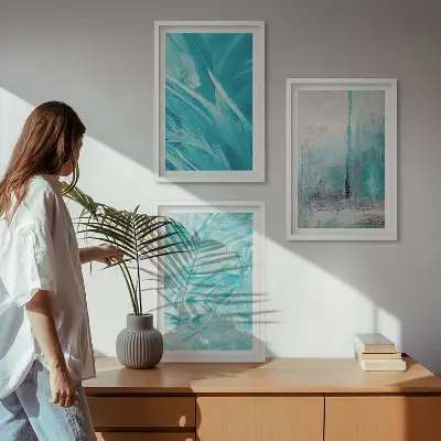 Conjunto de quadros para sala de estar com padrões abstratos em tons de azul
