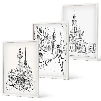 Conjunto de 3 quadros com moldura com desenhos simples de paisagens urbanas