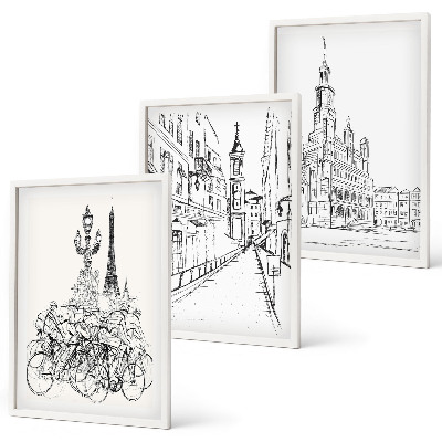 Conjunto de 3 quadros com moldura Desenhos simples de paisagens urbanas