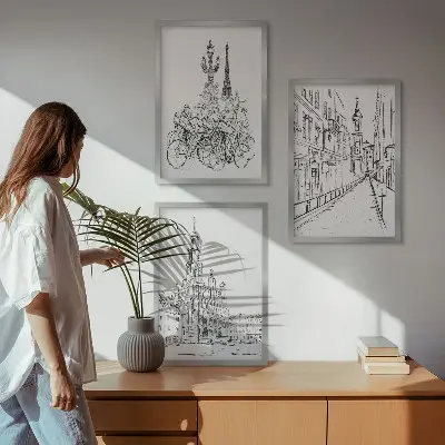 Conjunto de 3 quadros com moldura com desenhos simples de paisagens urbanas