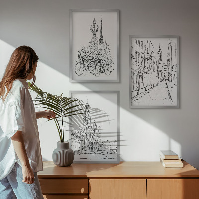 Conjunto de 3 quadros com moldura Desenhos simples de paisagens urbanas