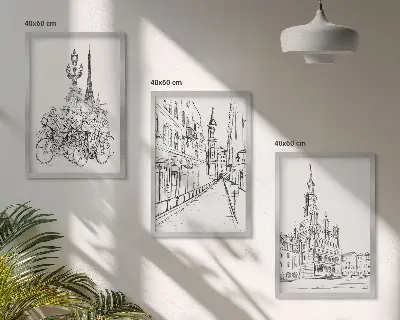 Conjunto de 3 quadros com moldura com desenhos simples de paisagens urbanas
