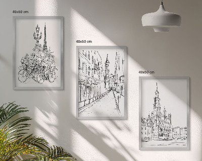 Conjunto de 3 quadros com moldura Desenhos simples de paisagens urbanas