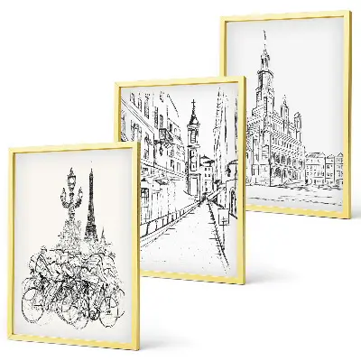 Conjunto de 3 quadros com moldura com desenhos simples de paisagens urbanas