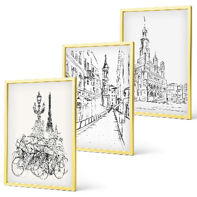 Conjunto de 3 quadros com moldura Desenhos simples de paisagens urbanas
