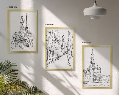 Conjunto de 3 quadros com moldura Desenhos simples de paisagens urbanas