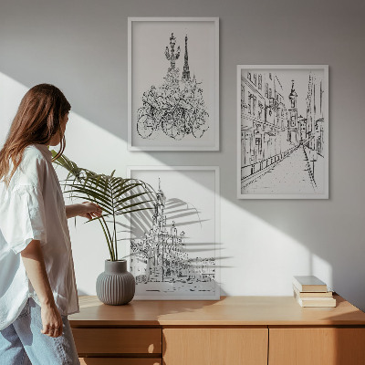 Conjunto de 3 quadros com moldura Desenhos simples de paisagens urbanas