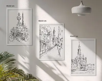 Conjunto de 3 quadros com moldura com desenhos simples de paisagens urbanas