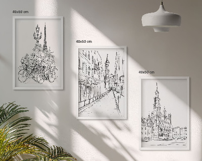 Conjunto de 3 quadros com moldura Desenhos simples de paisagens urbanas