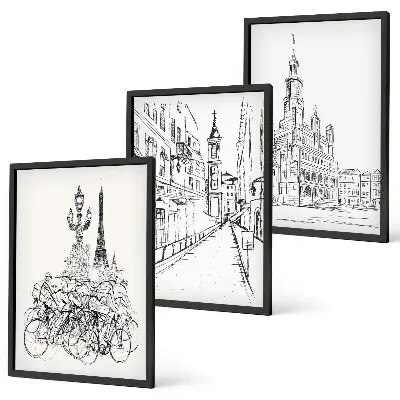 Conjunto de 3 quadros com moldura com desenhos simples de paisagens urbanas