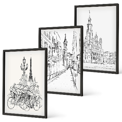 Conjunto de 3 quadros com moldura Desenhos simples de paisagens urbanas