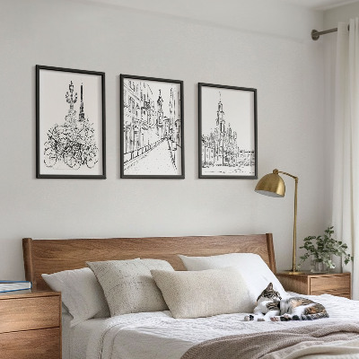 Conjunto de 3 quadros com moldura Desenhos simples de paisagens urbanas