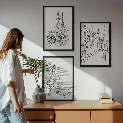 Conjunto de 3 quadros com moldura com desenhos simples de paisagens urbanas