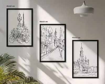 Conjunto de 3 quadros com moldura com desenhos simples de paisagens urbanas
