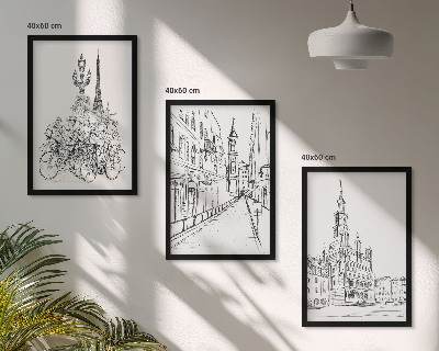 Conjunto de 3 quadros com moldura Desenhos simples de paisagens urbanas
