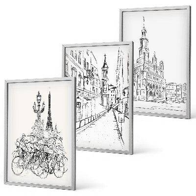 Conjunto de 3 quadros com moldura Desenhos simples de paisagens urbanas