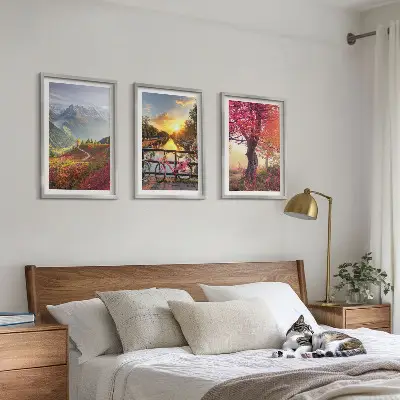 Conjunto de quadros para sala de estar com paisagens de montanha vistas de bicicleta