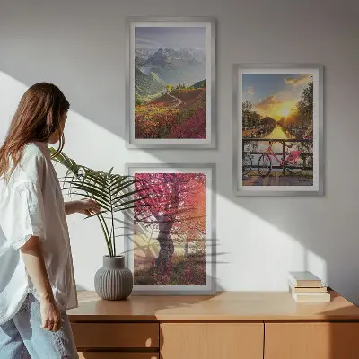 Conjunto de quadros para sala de estar com paisagens de montanha vistas de bicicleta